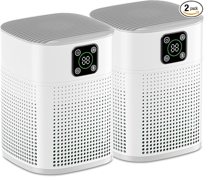 2 Pack Air Purifiers for Home Bedroom up to 650ft², Honeyuan H13 HEPA Air purifier with 360°Air Intake, 3 Fan Speeds, White
