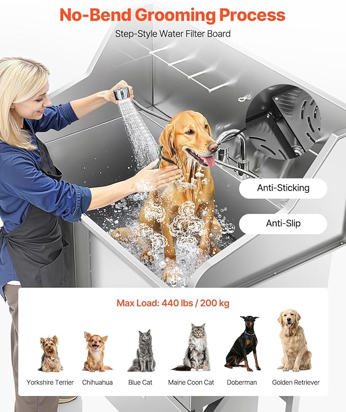VEVOR Professional 304 Stainless Steel Dog Bathing Station, 50 inch Pet Grooming Tub w/Anti-Slip ramp, Storage Drawer, Cold Hot Faucet Showerhead, for Large & Medium & Small (Left Door, with Drawer)