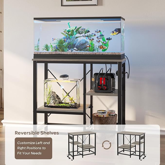 20-29 Gallon Fish Tank Stand with Power Outlets, 30.7 x 13.8 Metal Aquarium Stand with 3-Tiers Adjustable Storage Shelves, 6-Legs Reptile Terrarium Stand, 400 LBs