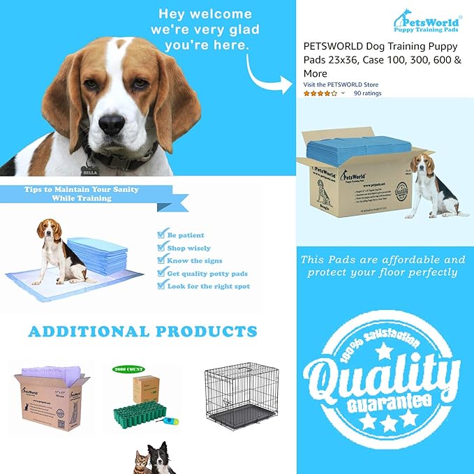 PETSWORLD Puppy Pads, 23x36 Inch, 1800 Count - Puppy Pee Pads for Dogs, Tear Resistant, Economy Value, Super-Absorbent Polymer Gel Core, Perfect for Puppies, Smaller Dogs