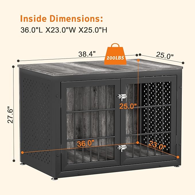 38" Heavy Duty Dog Crate Furniture for Large and Medium Dogs,Wooden Metal Kennel for High Anxiety Dogs, Chew Proof Cage Indoor, Decorative Kennel End Table