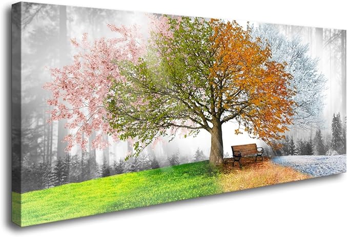 Canvas Prints Wall Art Decor Large Four Seasons Tree Picture 1 Panel Spring Summer Autumn Winter Tree Painting Artwork for Dining Room Kitchen Home Decor Stretched and Framed Ready to Hang