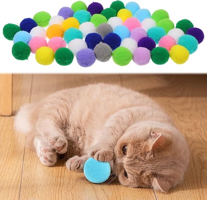 50 Picecs 1 Inch Cat Toys Balls Kitten Cat Pom Pom Balls Soft Cats Puff Ball Toys Rolling Interactive Fuzzy Cats Toy Ball Play Toy for Exercise, Creative Crafts Decorations Assorted Color