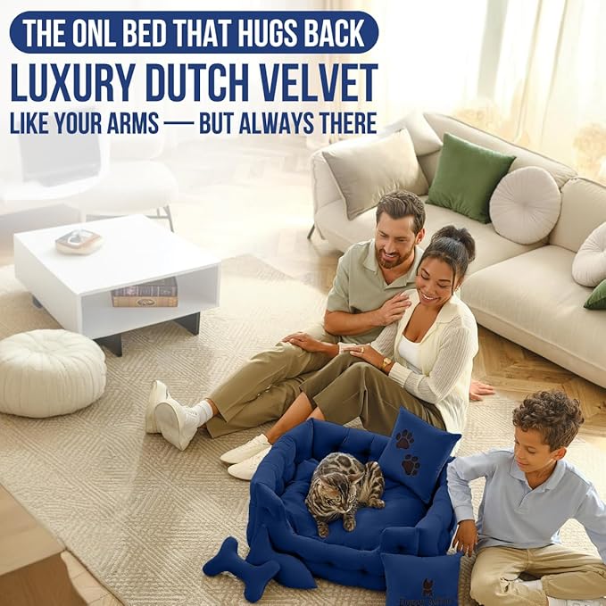 Luxury Cat and Dog Bed Chesterfield – Handcrafted Velvet Throne for Dogs | Joint Support, Calming & Temp-Regulating Comfort | Durable 5+ Years, Anti-Claw, Washable 100+ Times – S, Blue