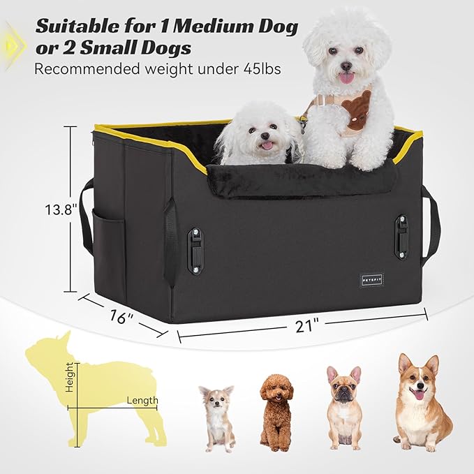 PETSFIT Dog Booster Car Seat, Dog Car Seats for Medium Sized Dogs or 2 Small Pets with 2 Safety Leashes and Patented Buckles, Carseat for Dogs with Storage Pockets for Pets Under 45Lbs (Black)