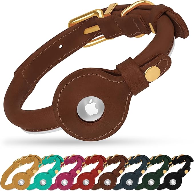 OOPSDOGGY Rolled Leather Dog Collar with Airtag Holder - Reflective Round Airtag Dog Collar - Soft Tracking Pet Collar for Small Dogs Puppy Cats Kitten (Brown, XS, 8"-11")