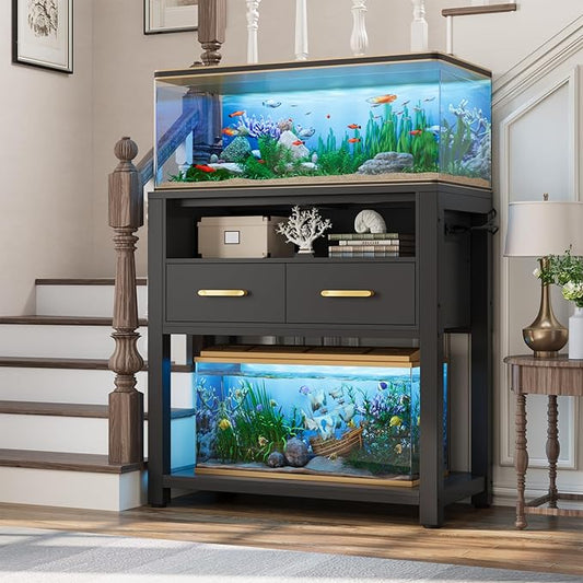 20-29 Gallon Aquarium Stand with Stable Metal Frame & Power Outlet, Heavy-Duty Fish Tank Stand with Waterproof Mat, 550LBS Capacity Storage Cabinet, Black