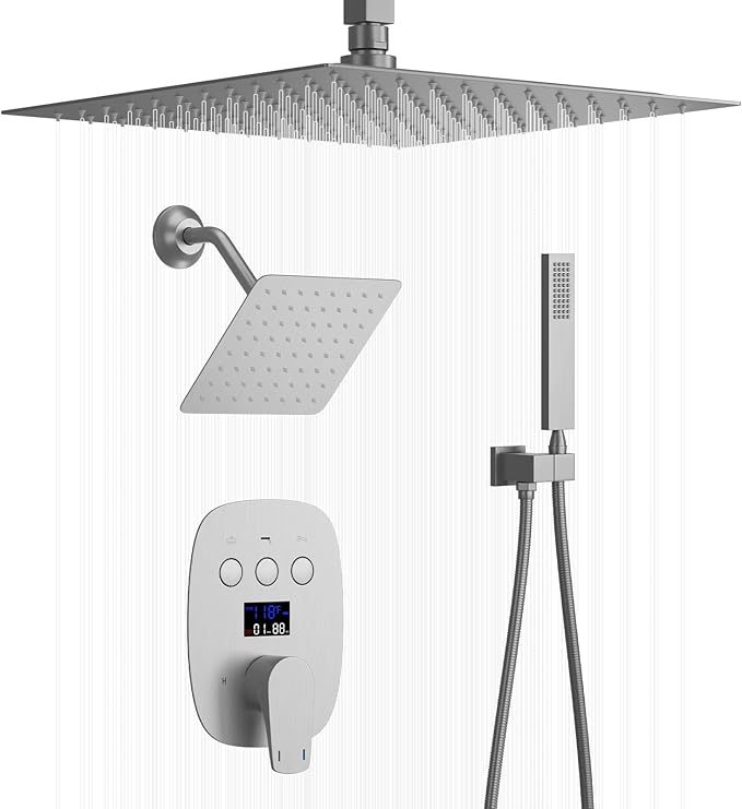 Shower System Brushed Nickel Shower Faucet Set with 12 Inch Ceiling Mounted and 8 Inch Wall Mounted Dual Shower Head and Handle Set with Temperature Display Function