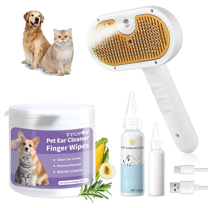 Cat Steam Brush, Pet Steam Brush for Cat & Dog, Mist Spray Comb, Spritz Defur Tool, Water Grooming Kit, Dog Hair Removal Steam Cleaner with Release Button Contains 1*Shampoo, Ear Wipes