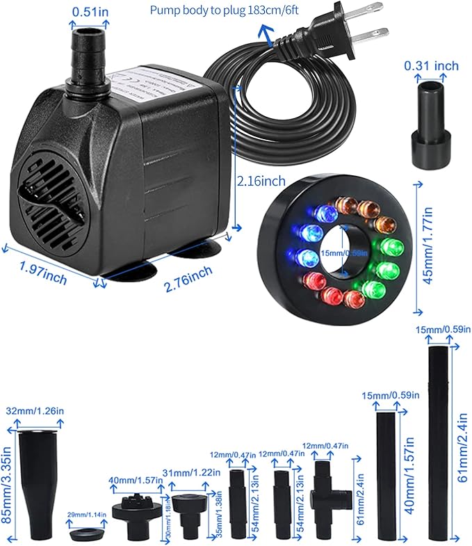 15W 1000L/H Submersible Fountain Water Pump with 12 Colorful LED Lights, Mushroom and Blossom Spray Head for Fountain,Pond,Outdoor Water Feature, Statuary Gardens,Aquarium Fish Tank