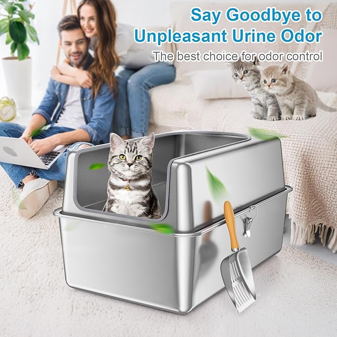 14'' High Sides XXL All Stainless Steel Cat Litter Box with Lid,XL Deep Metal Litter Box for Big Cats,Extra Large Litter Boxes with High Wall Enclosure,Anti-Leakage,Never Absorbs Odors,Non-Sticky