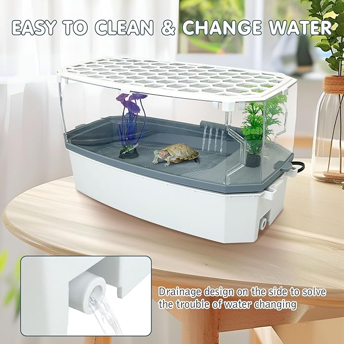 Hamiledyi Acrylic Turtle Aquarium Kit with Lid, Water Pump, Basking Platform, Bottom Drainage, Multi-Function Area Habitat for Turtles, Crabs, Crayfish, Tortoises