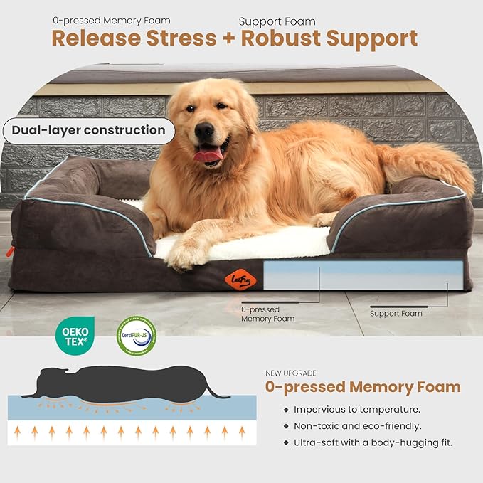 Laifug Large Orthopedic Premium Memory Foam Dog Bed, Dog Sofa with Washable and Removable Suede Cover, Waterproof Liner and Non-Slip Bottom Grey, Large(40''x32''x9'')
