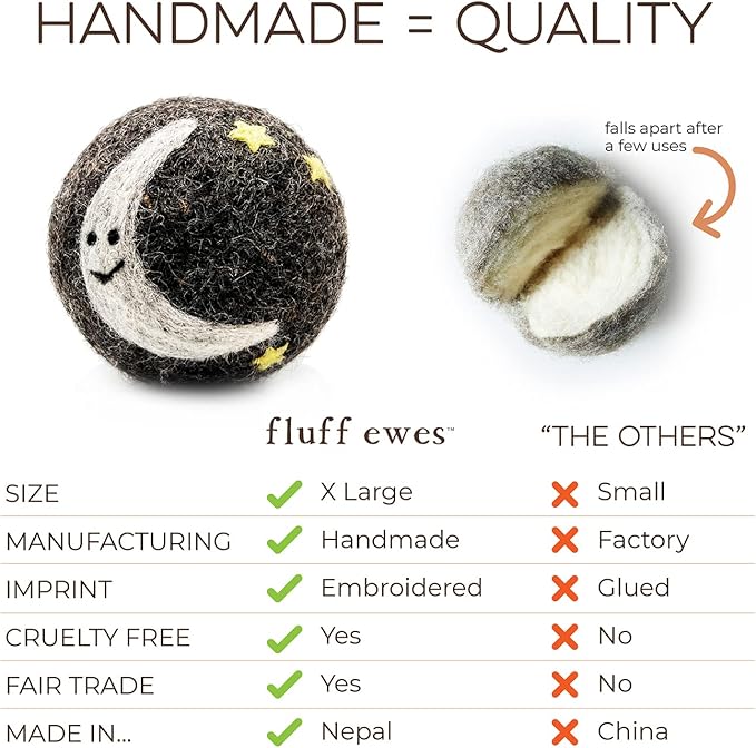 Fluff Ewes Wool Dryer Balls 6 Pack Premium New Zealand Wool Laundry Balls for Dryer, No Static Dryer Balls Laundry Reusable, XL Wool Dryer Balls Cute, Baby Dryer Balls for Dryers - Rainbow or Shine