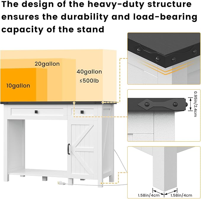 40 Gallon Aquarium Stand With Charging Station, Farmhouse Fish Tank Stand, Reptile Tank Stand Terrarium Stand with Drawer and Cabinet Storage, Sturdy Heavy Duty 41.9"×18.3" Tabletop - White