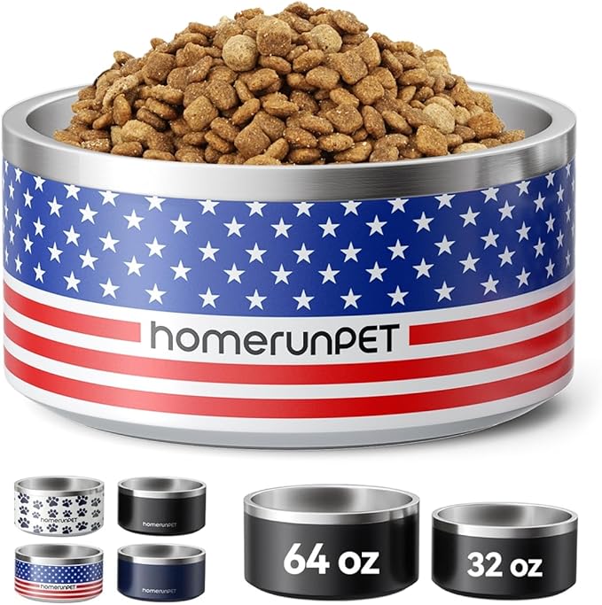 Dog Bowl, HomeRunPet Dog Food Water Bowl with Non-Slip Rubber Base, Metal Insulated Stainless Steel Dog Bowls, Double Wall Dog Bowl for Small Medium Large Dogs, Durable, Dishwasher Safe, 64oz