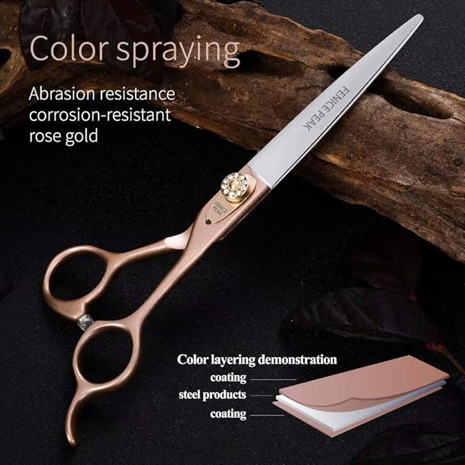 Fenice Peak 7.5'' Dog Straight Scissors for Grooming 440C Stainless Steel Rose Gold Professional Pet Trimming Scissors Sharp Blades Cutting for Dogs and Cats Shears