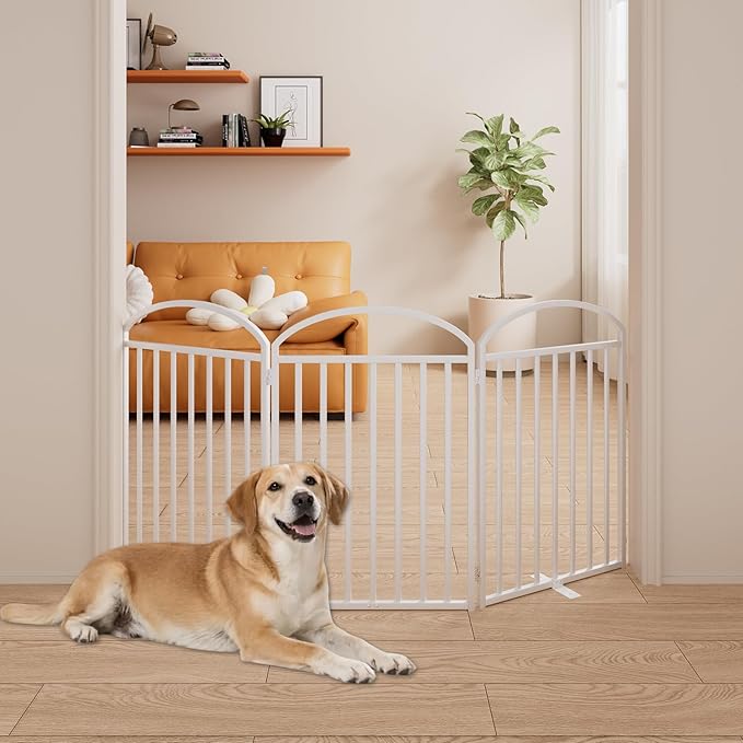 3 Panles Full Matel Freestanding Dog Gates with Door, 72"Extra Wide 32"Tall Free Standing Dog Pet Gate for Indoor & Outdoor. Foldable Pet Fences for Doorways, House, Stairs, Porch, Deck, Yard