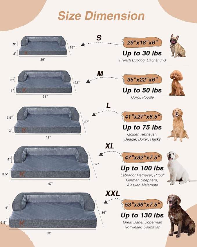 KSIIA Orthopedic Dog Bed for Large Sized Dog，Washable Pet Sofa with U-Shaped Bolster Removable Waterproof Cover Non-Slip Bottom and Egg-Crate Orthopedic Foam Pet Couch Bed, 41 x 27 Inch, Dark Gray