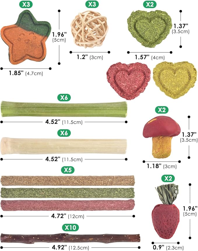 ERKOON 53 Bunny Chew Toys for Rabbits Teeth, Natural Rabbit Toys Apple Wood Sticks, Carrot, Timothy Grass for Small Pets, Hamster, Chinchilla, Guinea Pig Dental Care and Treat Teething(53)