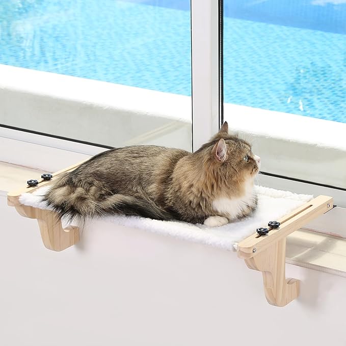 Easy Seat Cat Perch for Window Sill - Hammock Design w/Pine Wood & Robust Metal Frame - Cat Window Seat for Large Cats and Kittens (Natural Color Wood w/White Bed, Medium (23''W x 14''D))