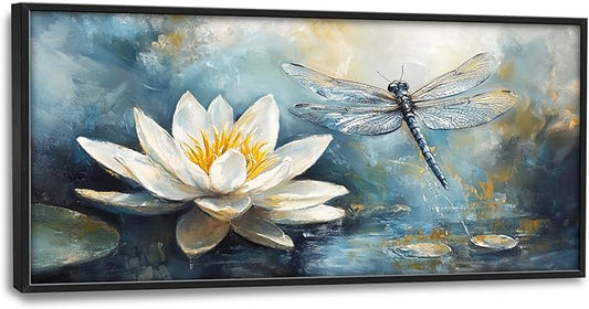 Extra Large Lotus Dragonfly Framed Wall Art for Living Room,Abstract Blue Lotus Flower Lake Pictures Wall Decor,Nature Canvas Print Painting Modern Artwork Bedroom Office Bathroom 60L" x 30W"