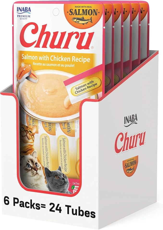 INABA Salmon Churu Cat Treats, Lickable, Squeezable Creamy Purée Cat Treat with Green Tea Extract & Taurine, 0.5 Ounces Each Tube, 24 Tubes (4 per Pack), Salmon with Chicken Recipe