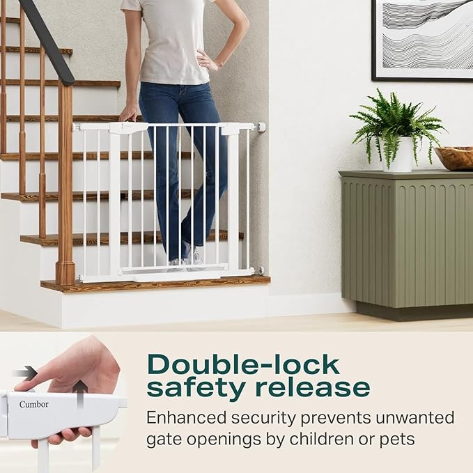 Cumbor 2 Pack 29.7-40.6" Baby Gate for Stairs, Mom's Choice Awards Winner-Dog Gate for Doorways, Pressure Mounted Self Closing Pet Gates for Dogs Indoor, Safety Child Gate with Easy Walk Thru Door