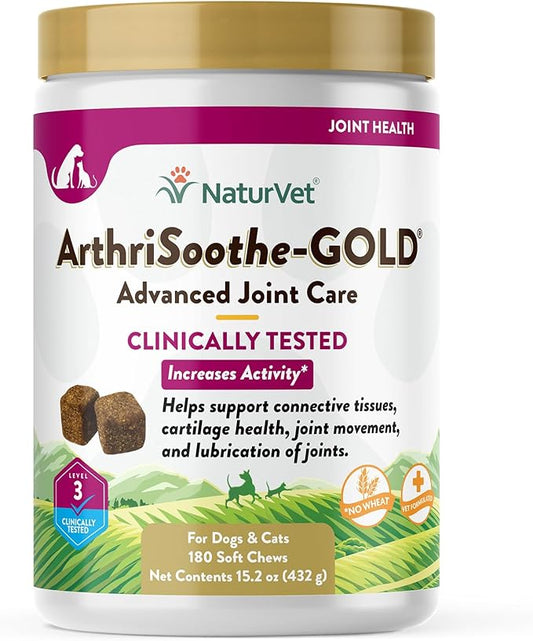 NaturVet ArthriSoothe-Gold Level 3 Advanced Joint Care for Dogs – Soft Chew Dog Supplement with Glucosamine, MSM, Chondroitin & Hyaluronic Acid – Wheat-Free Pet Supplements – 180 Ct.