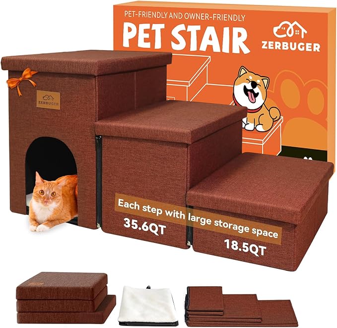 Dog Stairs with Condo 18" H, 3-Step Wider Dog Steps for High Beds Couch, Folding Storage Pet Stairs Gift for Small/Medium/Large Old Dogs Cats, Ramp for Climbing Car Up to 200 lbs, Brown