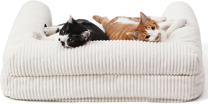 FUKUMARU Dog Couch Bed, Corduroy Cozy Cat Bed for Indoor Cats with Washable Cover, Supportive Waterproof Dog Beds Sofa for Small Dogs and Large Cats Cute, 28inch, Medium, Cream