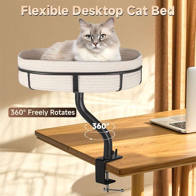 Cat Desk Bed - 360° Rotating Mount Attachment - Space-Saving Cats Hammock for Home Office/Computer Desks, Washable All-Season Indoor Pet Nest - Comfortable Perch