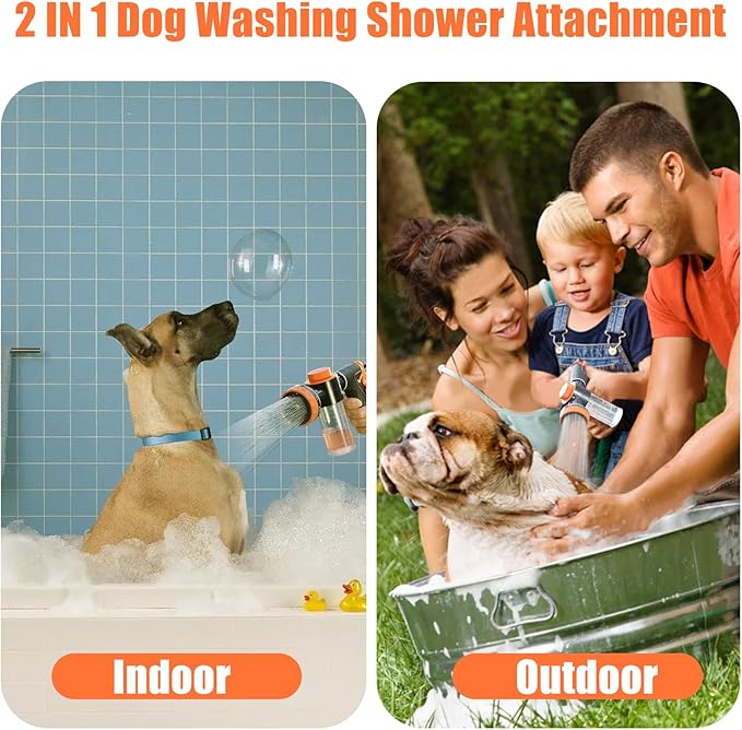 Dog Washing Hose Attachment for Pet Bathing with Black Shower Diverter, Pup Dog Wash Hose Nozzle Shampoo Sprayer for Indoor Outdoor Pet Shower, Dog Shower Attachment with Dog Brush