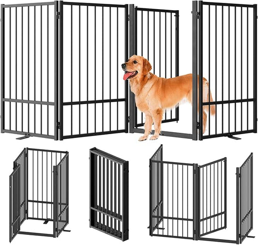 Full Metal Freestanding Dog Gate with Door, 36''Height Foldable Pet Dog Fence for Indoor & Outdoor, 4 Panels Extra Wide Free Standing TallDog Gates for Doorways,House,Stairs,Porch,Deck,Yard