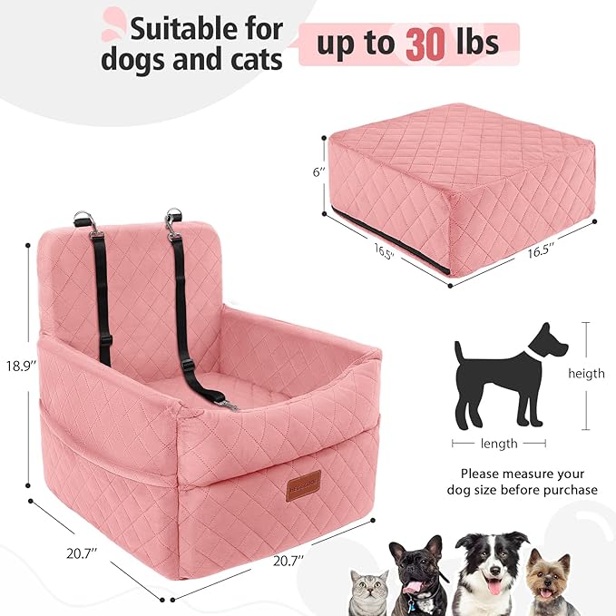 Dog Car Seat for Small Medium Dogs, Memory Foam Puppy Dog Booster Seat with Thick Cushion for Dogs Under 35lbs, Detachable Washable Pet Car Seat Travel Bed with Storage Pockets,2 Safety Belts