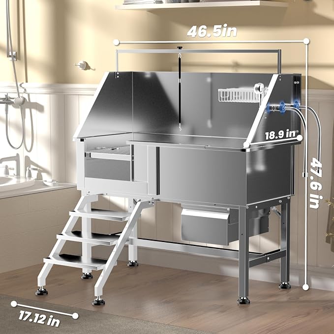 Professional 46" Dog Washing Station, Stainless Steel Dog Bathing Station, Height Adjustable Dog Wash Station, Storage Drawer, Upgrade Parts, Home, Commercial (Left Step)