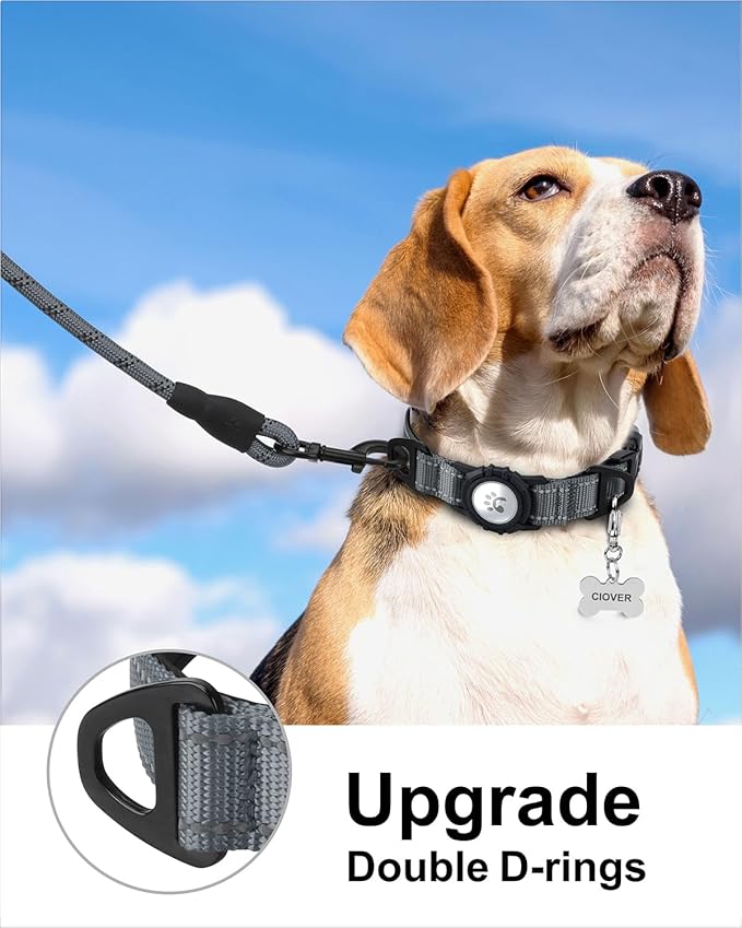 TagME Airtag Dog Collar,Waterproof Reflective Pet Collar with Airtag Holder,Soft Padded and Double D-Rings for Medium Dogs,Grey