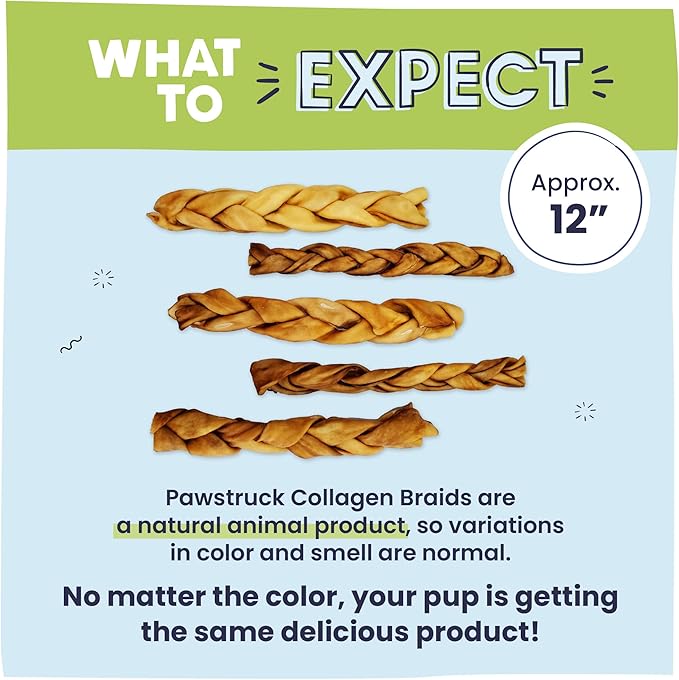 Pawstruck Natural Large 10-13” Beef Collagen Braids for Dogs – Long-Lasting Rawhide & Bully Stick Alternative, with Chondroitin & Glucosamine – 3 Pack
