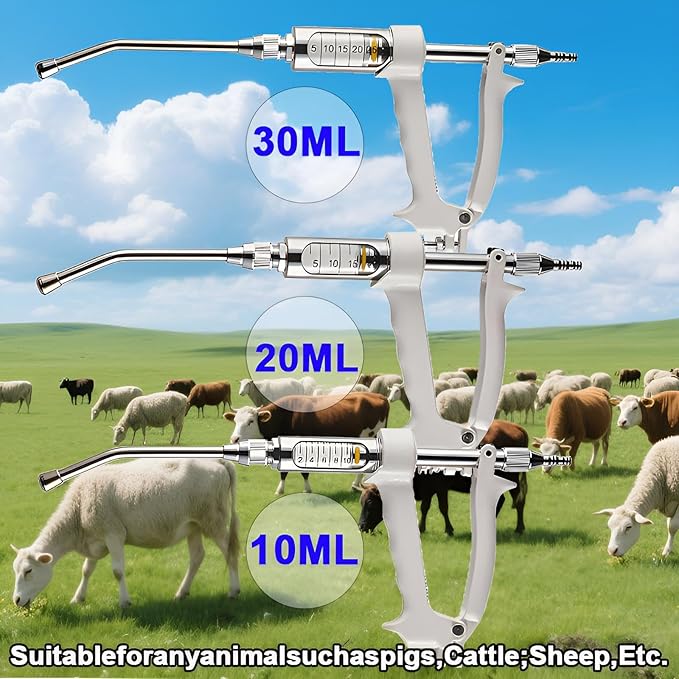 10ML Veterinary Metal Feeding Gun, Continuous Drench Gun Dosing Device Veterinary Adjustable Medicine Dispenser Husbandry Autonomous Feeding Tool, for Pig Cow, Sheep, Horse (White Color, 10ML+Kettle)
