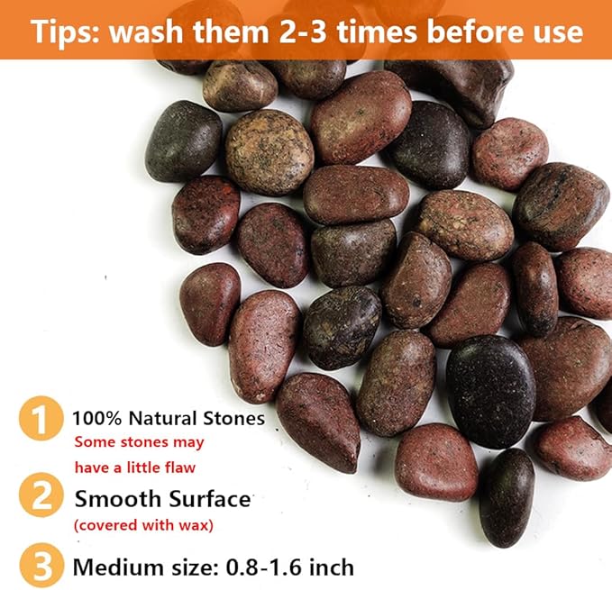 HappyFiller Natural Decorative Pebbles Polished Gravel Rocks Stones for Aquarium,Fish Turtle Tank,Outdoor Indoor Plants Top Dressing,Succulents Soil Cover,Garden Landscaping,2 LB,Red Mix