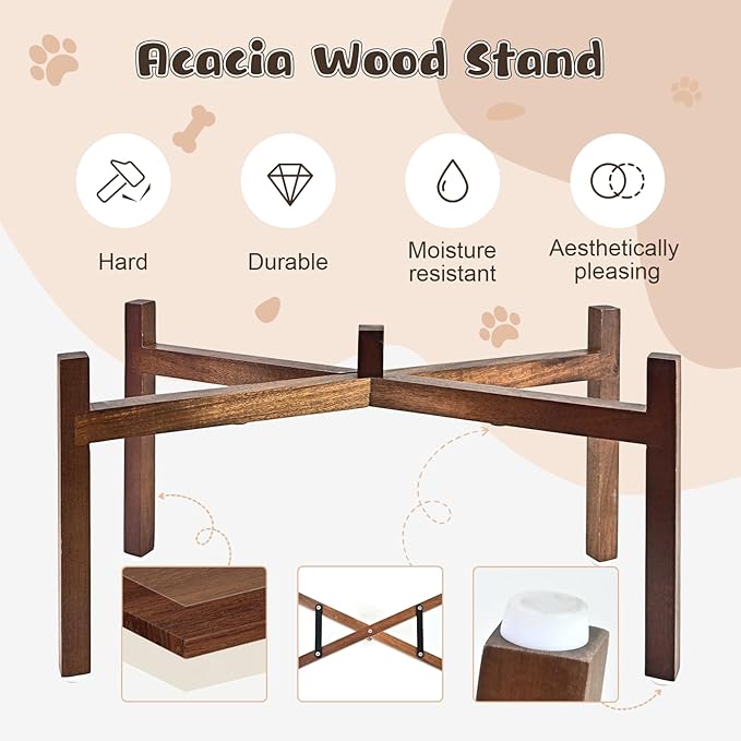 SPUNKYJUNKY Ceramic Elevated Dog Bowl Set with Acacia Wood Stand for Food and Water for Large Dogs (60.87 OZ, Black, Dog Paw Pattern)