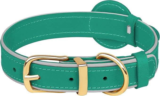 OOPSDOGGY Reflective Geniune Leather Airtag Dog Collar Soft Padded Collars for Small Medium Large Breed Dogs Puppy, 4 Sizes, 7 Colors (Teal, Small, 9"-12")