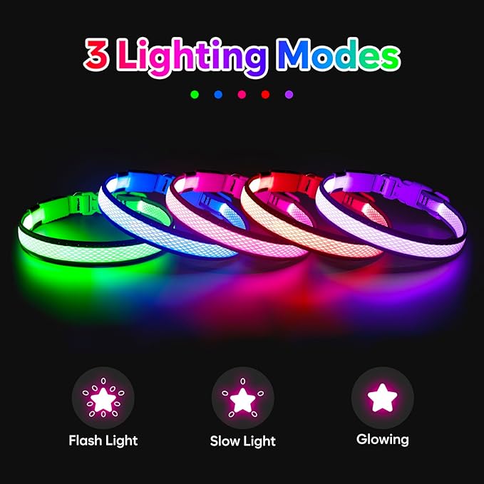 Flashseen LED Dog Collar, Light Up Dog Collar Light USB Rechargeable, Adjustable Comfortable Soft Mesh Safety Collar for Small, Medium, Large Dogs(Large, Purple)