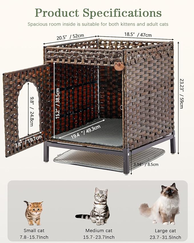 Cat Litter Box Enclosure Hidden Litter Box Furniture with Metal Heightened Feet, Rattan Handwoven Cat House with Litter Mat, Hidden Litter Box Furniture for Bedroom Living Room Brown