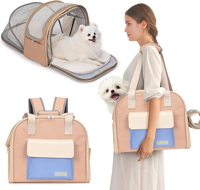 Expandable Pet Carrier Backpack, Cat Carrier Backpacks with Breathable Mesh for Cats Small Dogs Puppies Up to 25 Lbs Airline Approved Waterproof Travel Carrier with Safety Buckle for Hiking & Flights