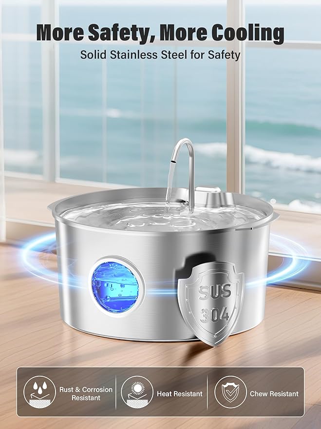 3.4Gal Dog Water Fountain for Large Dogs, Extra Large Stainless Steel Pet Water Fountain, Round Dog Water Bowl Dispenser with Metal Handle, Water Level Window, Supet Quiet Pump for Multi Pet Home