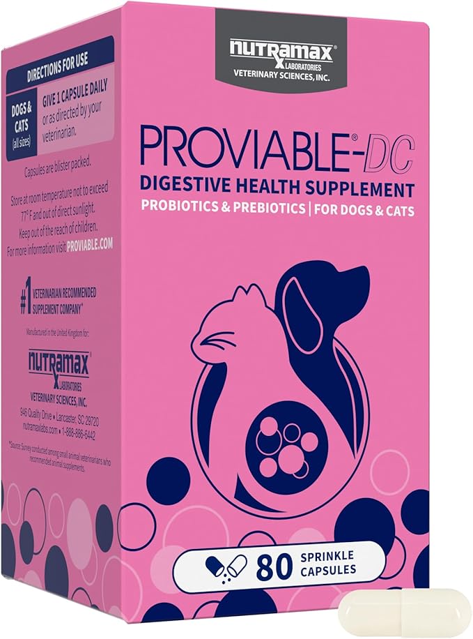 Nutramax Proviable Probiotics for Dogs and Cats, Daily Digestive Health Supplement with Multiple Strains of Bacteria, Cat and Dog Probiotics Plus Prebiotics, 80 Capsules