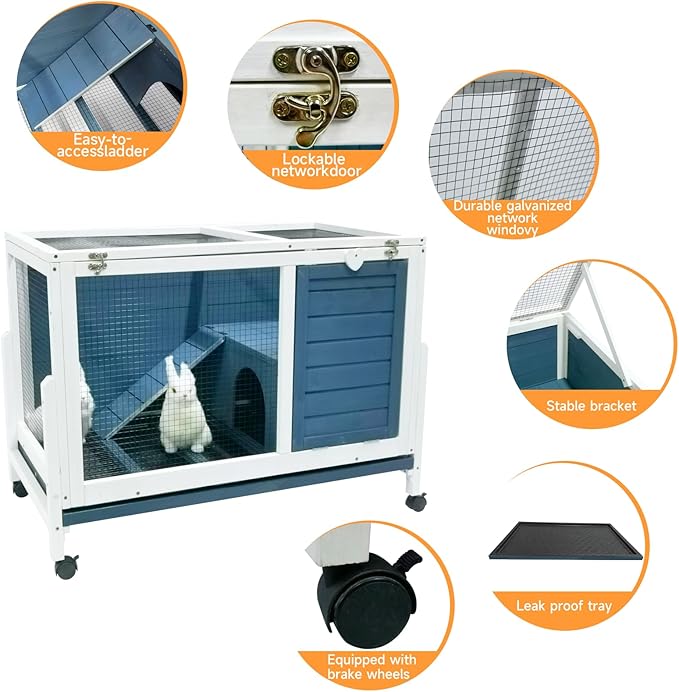 Two Floors Wooden Indoor Bunny Hutch Rabbit Cage on Wheels Guinea Pig PET House for Small to Medium Animals Waterproof No Leak Tray (M)