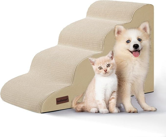 4-Step Dog Stairs and Ramp for Beds or Couches,Non-Slip Sturdy Pet Steps for Small Dogs and Cats,17.4" H,Beige