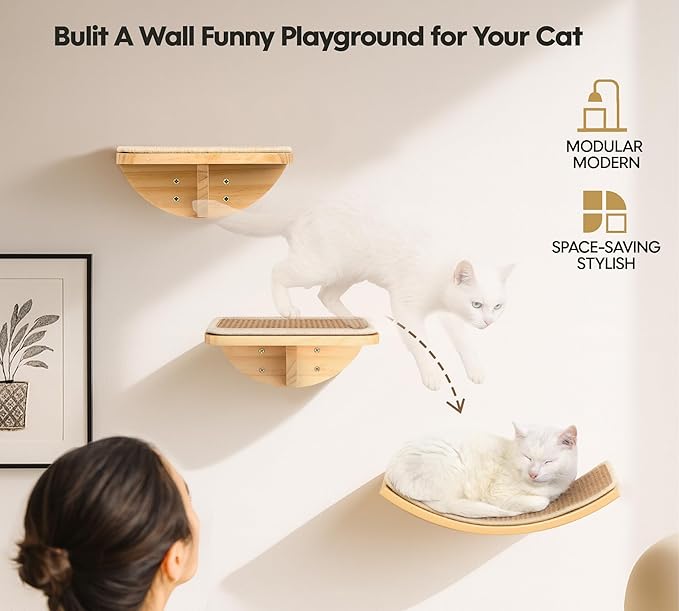 Wood Cat Wall Shelves with Sisal Mat – Cats Wall Furniture Steps for Large Cats, Perfect for Play and Vertical Movement
